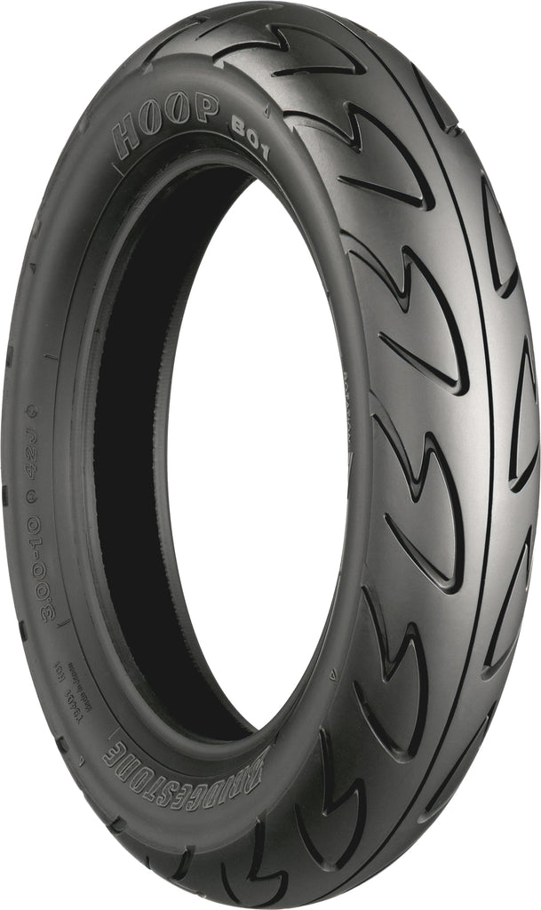 Bridgestone 80/90-10 bias tire hoop for front or rear motorcycle tire, with tread pattern visible in the image.