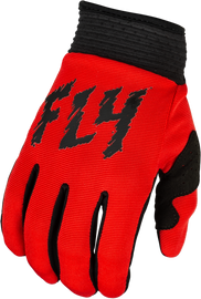 Fly Racing Youth F-16 Gloves in red and black, featuring padded palm and secure wrist closure for motocross riding.