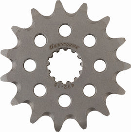 Supersprox steel front 15-tooth CS sprocket for 520 Suzuki street motorcycle, visible with shiny metal teeth and mounting holes.