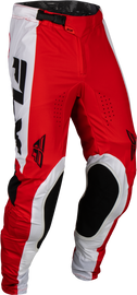 Fly Racing Lite Pants in red, white, and black, size 38, featuring lightweight motocross riding gear with logo details.