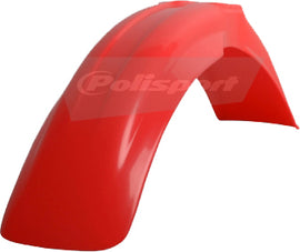 Red Polisport Plastics front fender for motorcycles, featuring a durable plastic design with mounting points and a sleek finish.