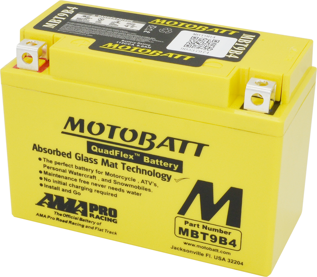 Motobatt MBT9B4 sealed factory-activated motorcycle battery with terminal posts and compact design.