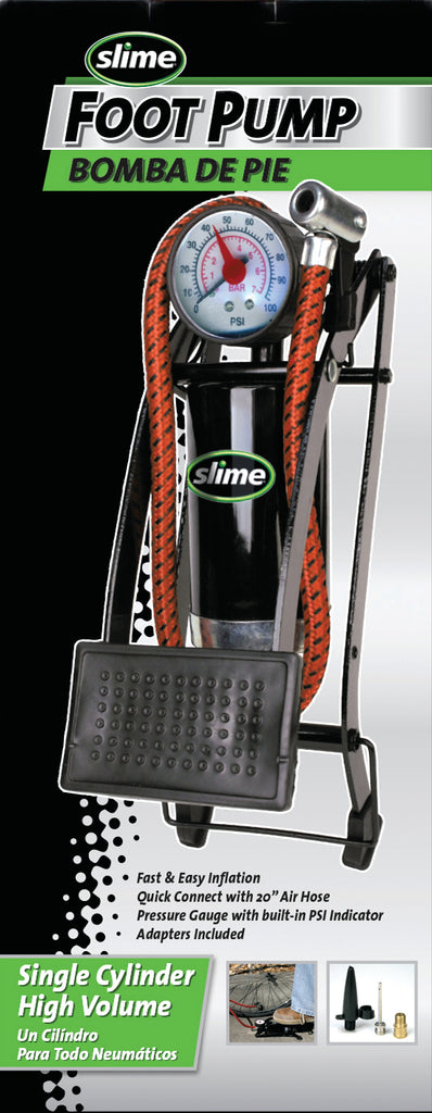 Slime single cylinder foot pump for inflating tires, with a durable metal body and foot pedal for easy use.