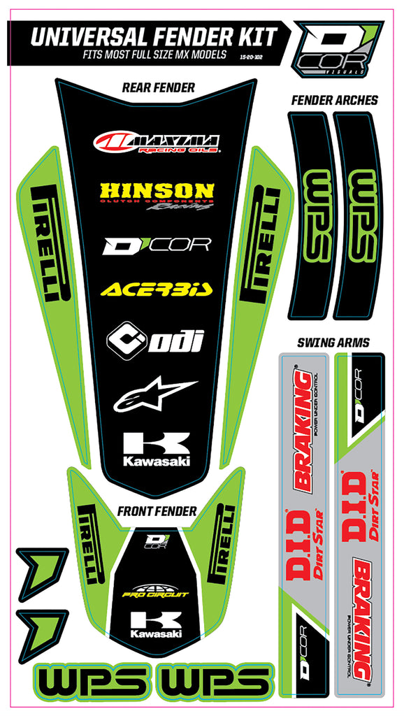 Green DCOR trim kit graphics and decals for full-size motorcycles, designed for universal Wps compatibility and easy installation