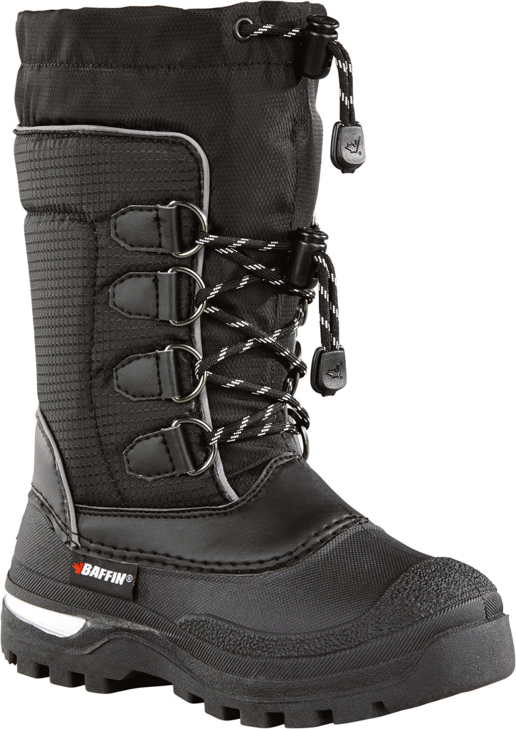 Black Baffin Inc Youth Pinetree Boots for kids, showing the sturdy design and waterproof material in a close-up shot.