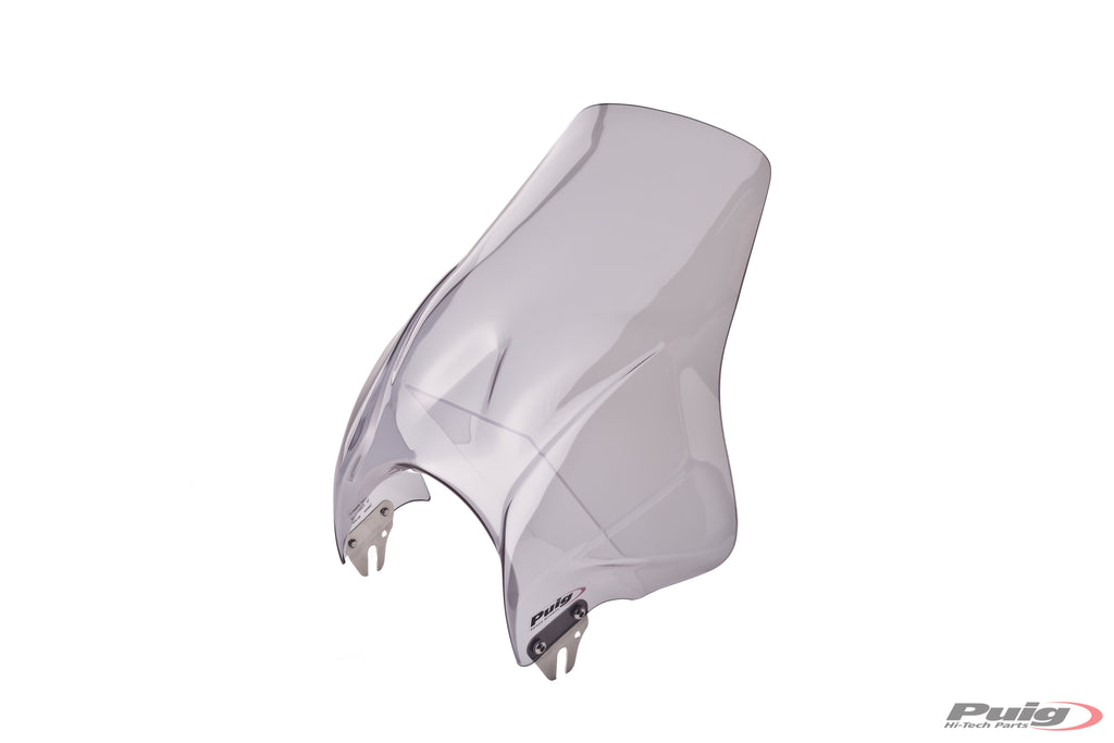 PUIG Windscreen Plus Smoke for motorcycle windshield, featuring a tinted smoke finish and aerodynamic design.