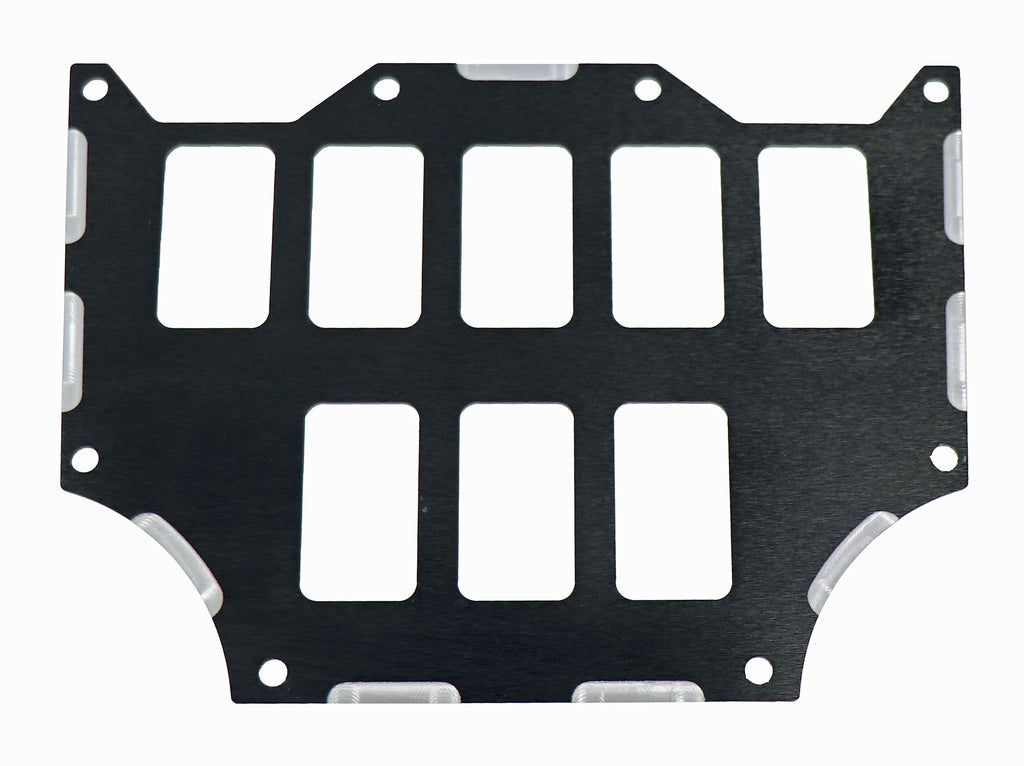 ModQuad 8-position black switch panel center for electrical systems, with labeled switches and mounting holes.
