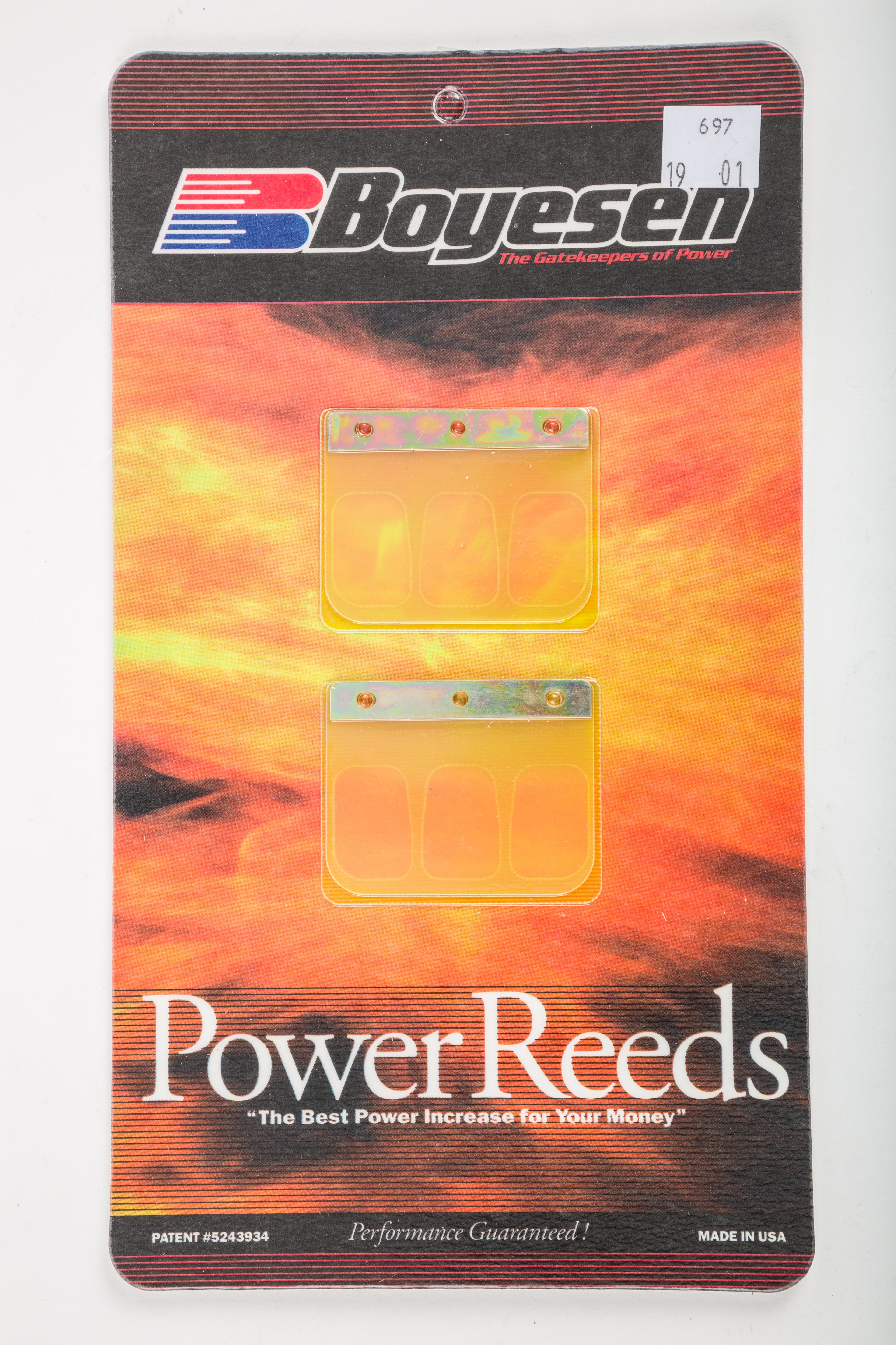 Boyesen motorcycle reeds 59-7697 for intake and carburetor fuel system, shown installed on a motorcycle engine.