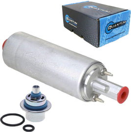 Quantum electric fuel pump kit with pressure regulator for intake and carburetor systems, featuring fuel lines and mounting hardware.