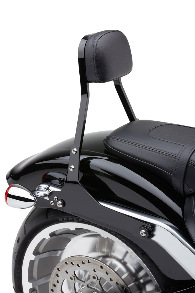 Cobra detachable backrest for tall chrome flh/flt motorcycle, body part with chrome finish and mounting features.
