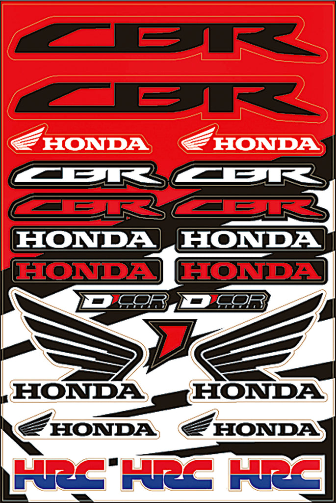 DCOR Honda street decal sheet featuring various graphic decals in black and white, designed for motorcycle customization.