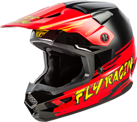Fly Racing Youth Kinetic Surge helmet in black, red, and yellow with aerodynamic design and adjustable straps.