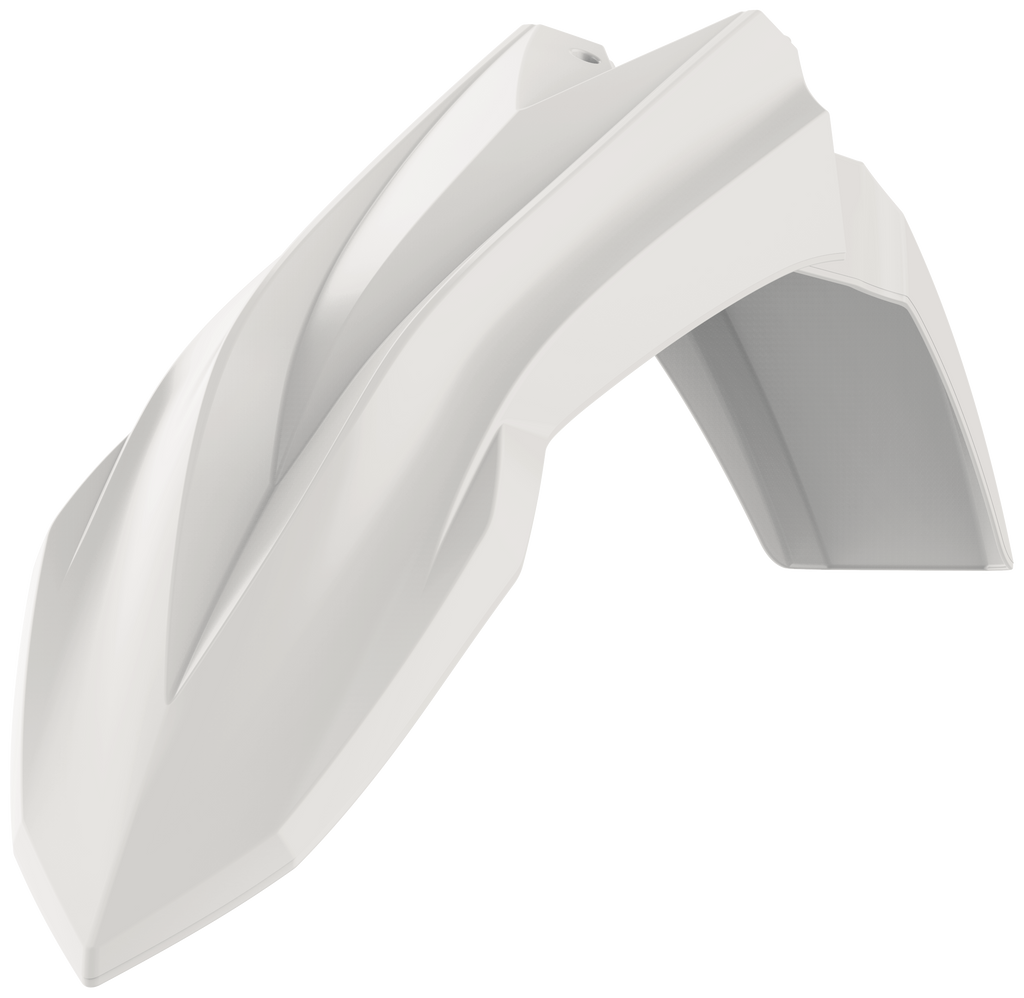 White Polisport Plastics front fender for Beta motorcycles, featuring a sleek design and durable plastic construction.
