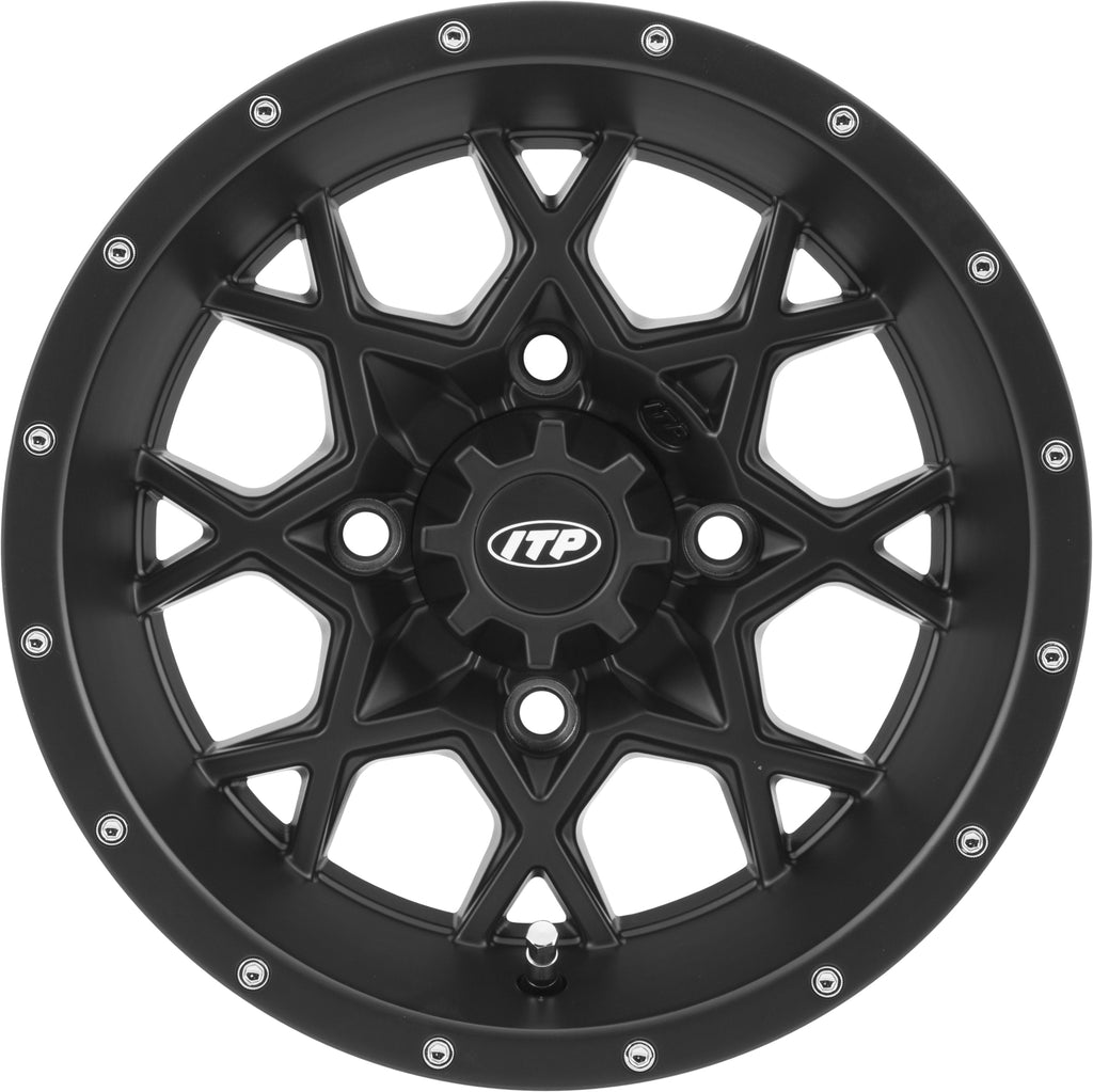 ITP Hurricane black 14x7 wheel with 4/137 bolt pattern and 5+2 offset, featuring a rugged, off-road tire design.
