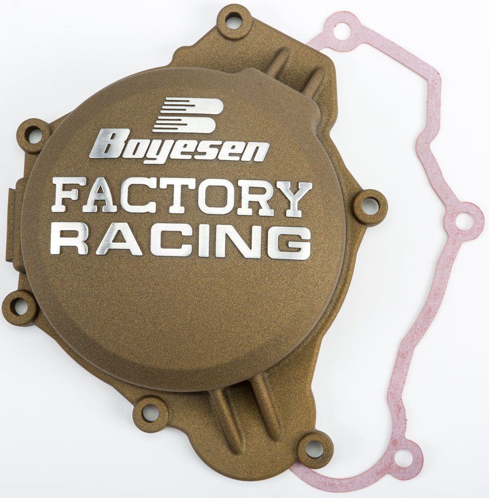 Boyesen Factory Racing Magnesium Ignition Cover for motorcycles, showcasing the sleek, durable magnesium finish with detailed branding.
