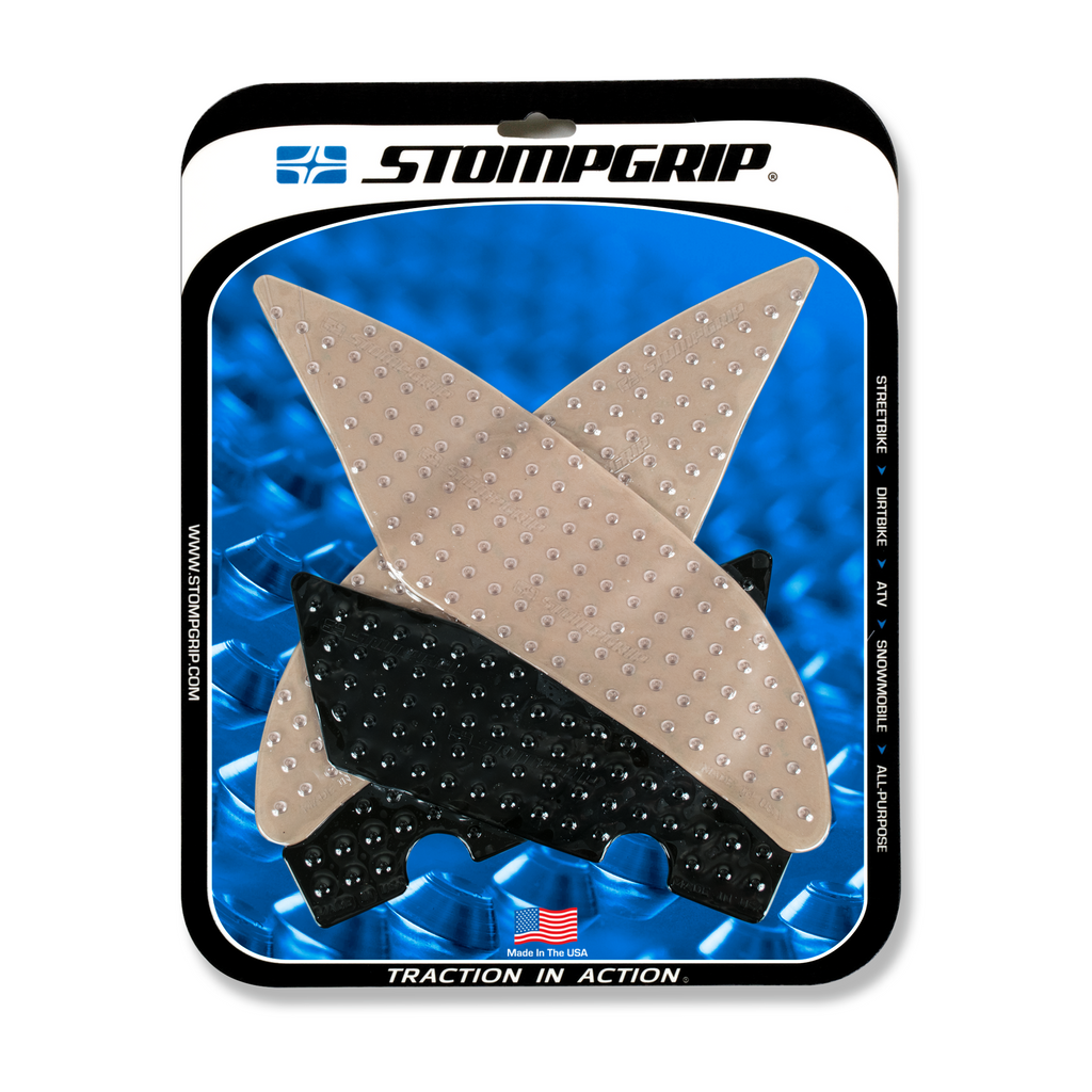 Stompgrip Tank Pad Kit Volcano clear and black for motorcycle body protection, featuring textured grip pads on a sleek tank surface.