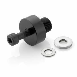 Black RIZOMA mirror mount bracket with cut edge design, compatible with Kawasaki models, shown on a motorcycle.