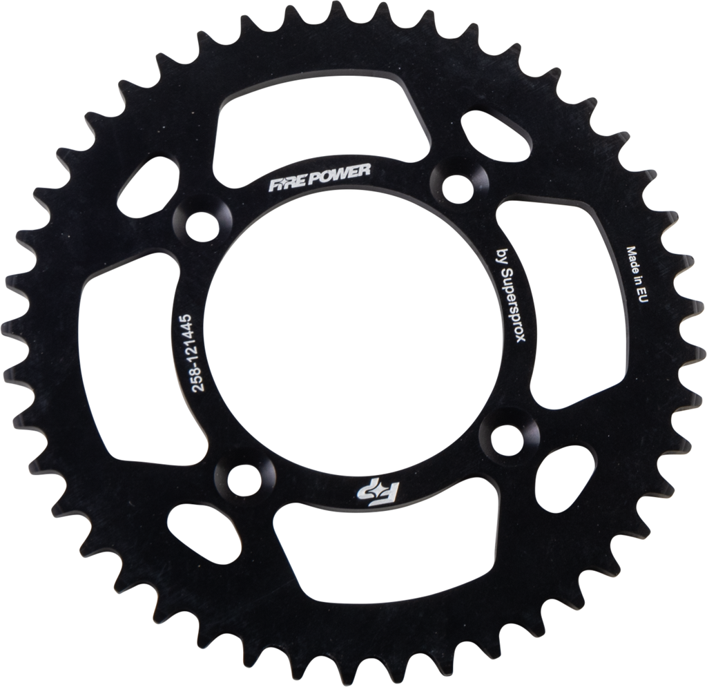 Fire Power 45-tooth aluminum rear sprocket in black, designed for bicycles, with a sturdy, lightweight construction and gear teeth.