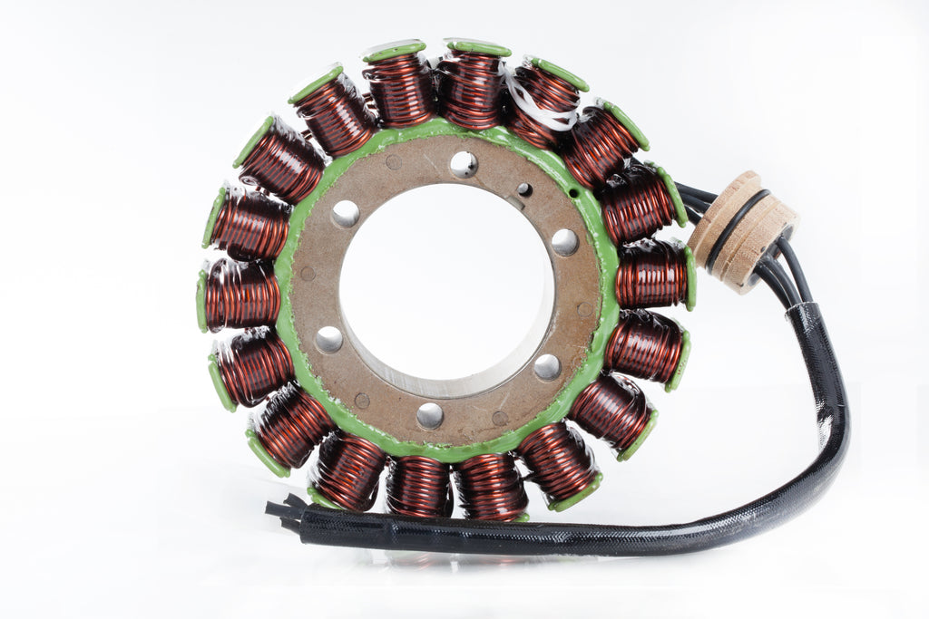 Ricks Motorsport Electric Stator 27-21112 for motorcycle electrical system, showing coil windings and mounting points.
