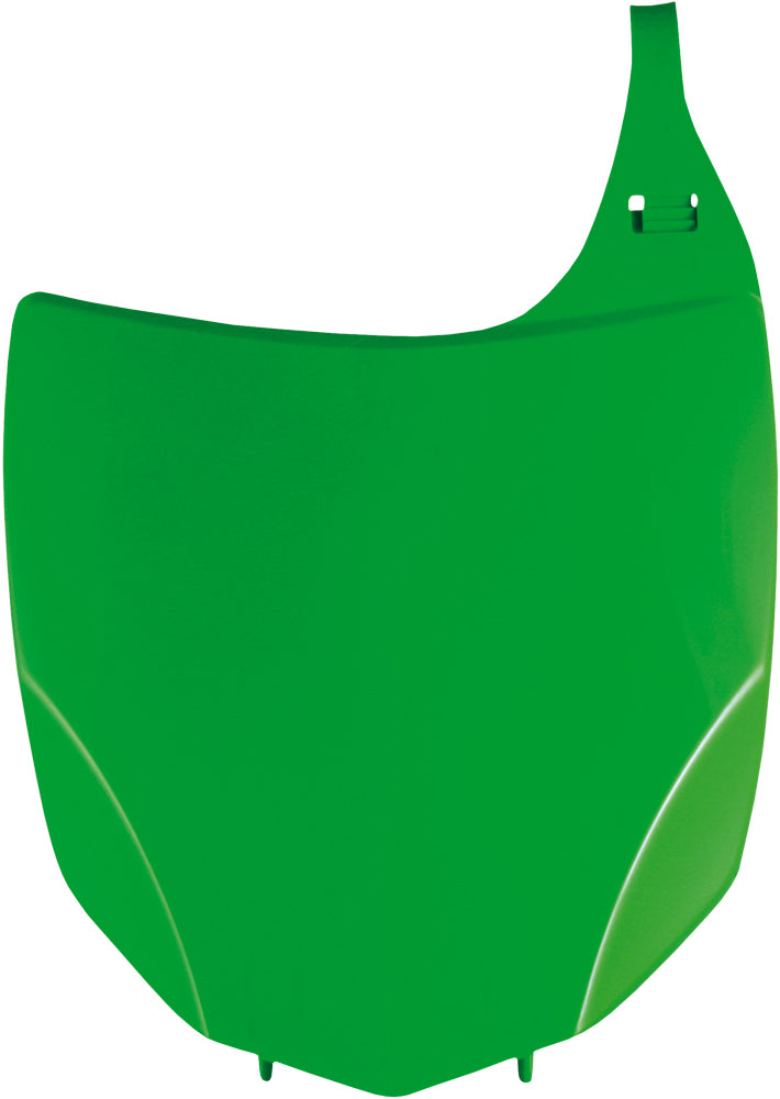 Acerbis green front number plate with bold black lettering, designed for motocross or dirt bikes, showcasing the Acerbis logo.