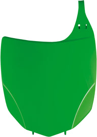 Acerbis green front number plate with bold black lettering, designed for motocross or dirt bikes, showcasing the Acerbis logo.