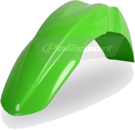 Polisport Plastics green front fender for street bikes, with mounting points and sleek design, shown on a white background.