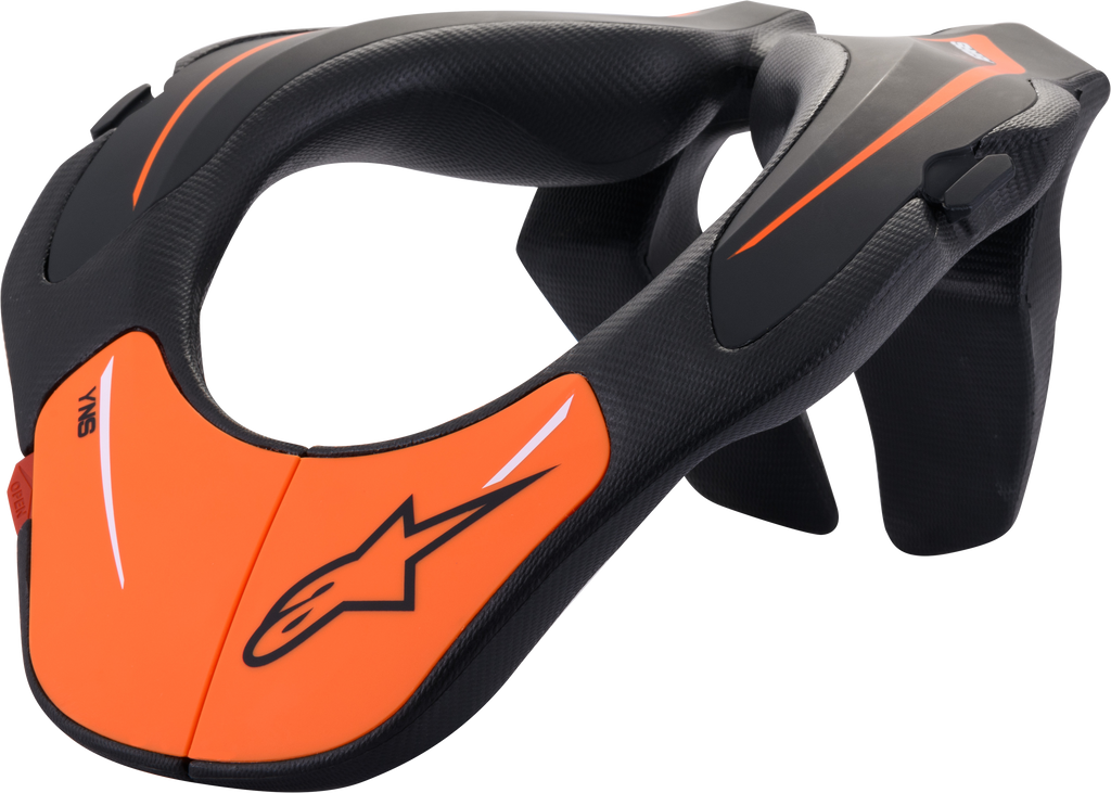 Alpine Star youth neck support in black and orange, designed for safety and comfort during sports or outdoor activities.