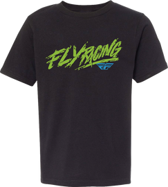 Black Fly Racing Youth Fly Khaos Tee with logo front view, featuring bold branding and casual T-shirt style.