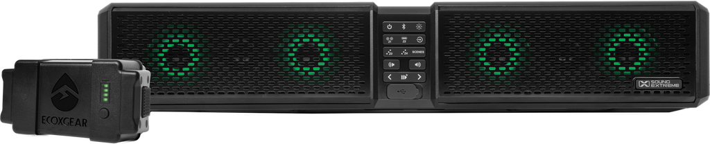 EcoXGear Pulse 28-inch battery-powered soundbar for portable audio, featuring sleek design and built-in rechargeable battery.