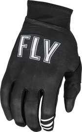 Black Fly Racing Pro Lite gloves in large size, featuring breathable fabric and reinforced palms for motorcycle riding comfort.