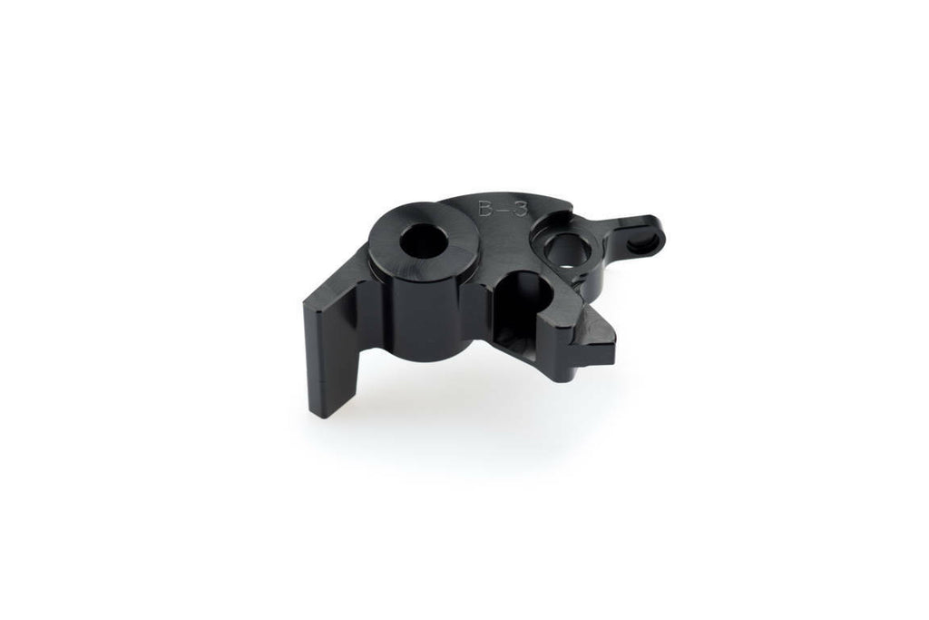 Black PUIG brake lever adapter for Kawasaki motorcycles, showing a close-up of the sleek, durable lever with mounting components.