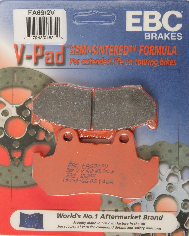 EBC Motorcycle Brakes Fa69/2V semi-sintered V Series brake pads showing the metal backing and friction material.