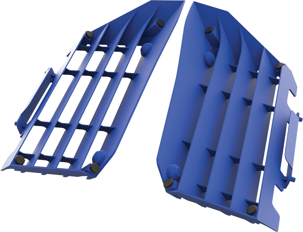 Blue Polisport Plastics radiator louvers for off-road vehicles, model 64-56504, showing the vented plastic louvers in a close-up image.