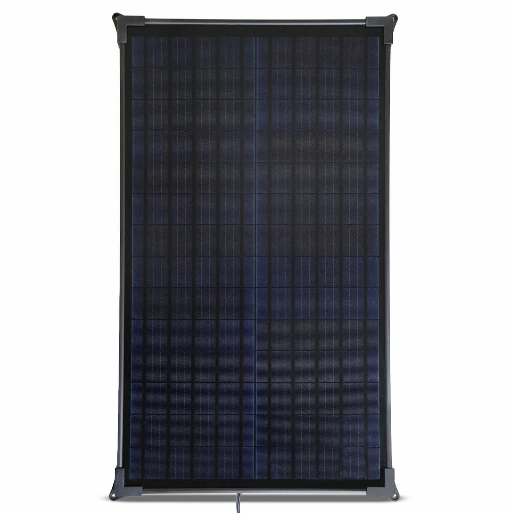 Battery Tender 35W mountable solar panel with built-in controller, shown with solar cells and mounting hardware.