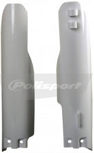 Load image into Gallery viewer, White Polisport Plastics fork guards for motorcycle front suspension, showing the protective plastic covers on the forks.