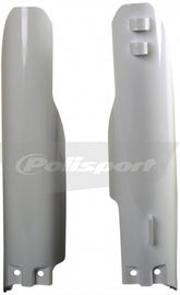 White Polisport Plastics fork guards for motorcycle front suspension, showing the protective plastic covers on the forks.
