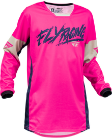 Fly Racing Youth Kinetic Khaos motocross jersey in pink, navy, and tan with bold graphics and breathable fabric.