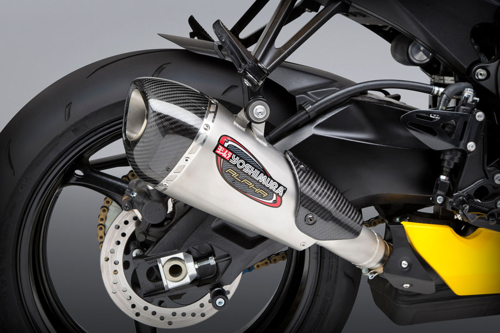 Yoshimura Street Alpha-T Slip-On exhaust with stainless steel and carbon fiber components, designed for motorcycle performance.