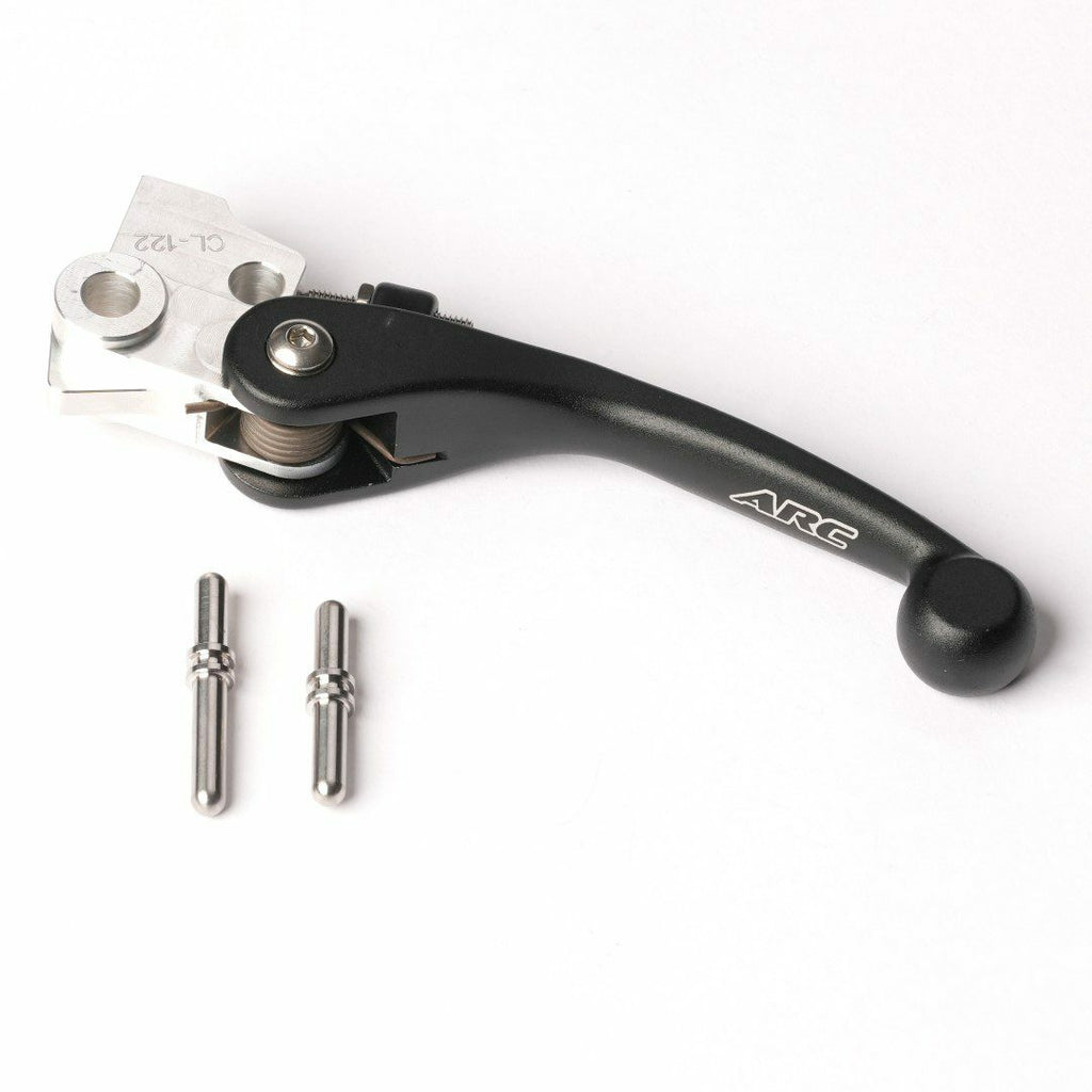 ARC aluminum clutch lever for motorcycles, shown in black with ergonomic design and mounting hardware.