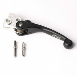 ARC aluminum clutch lever for motorcycles, shown in black with ergonomic design and mounting hardware.