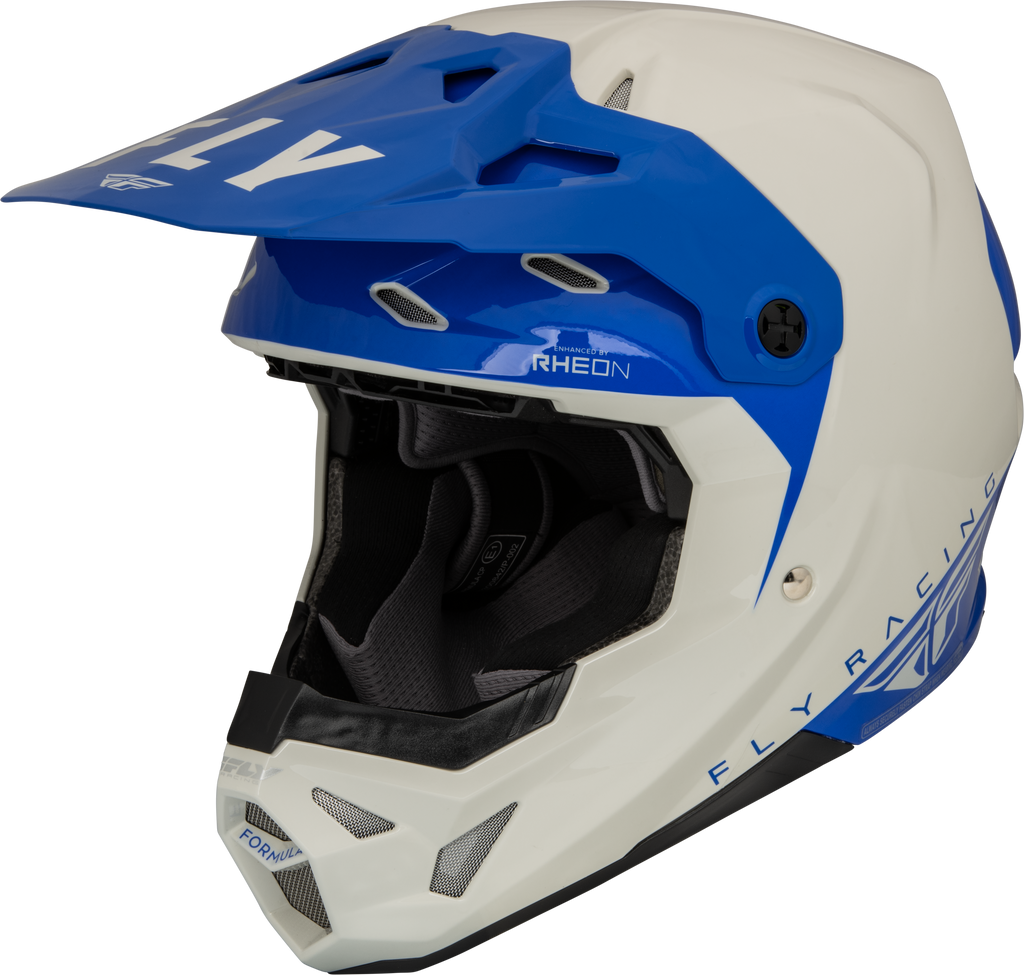 Fly Racing Formula CP Slant helmet in grey and blue, small size, with aerodynamic design and secure chin strap.