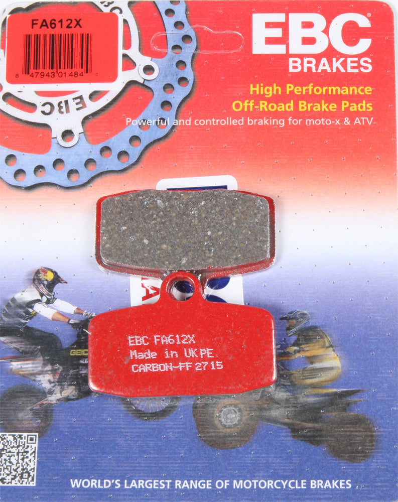 EBC Motorcycle Brakes Fa612X Carbon X Series brake pads showcasing black ceramic friction material and metal backing plates