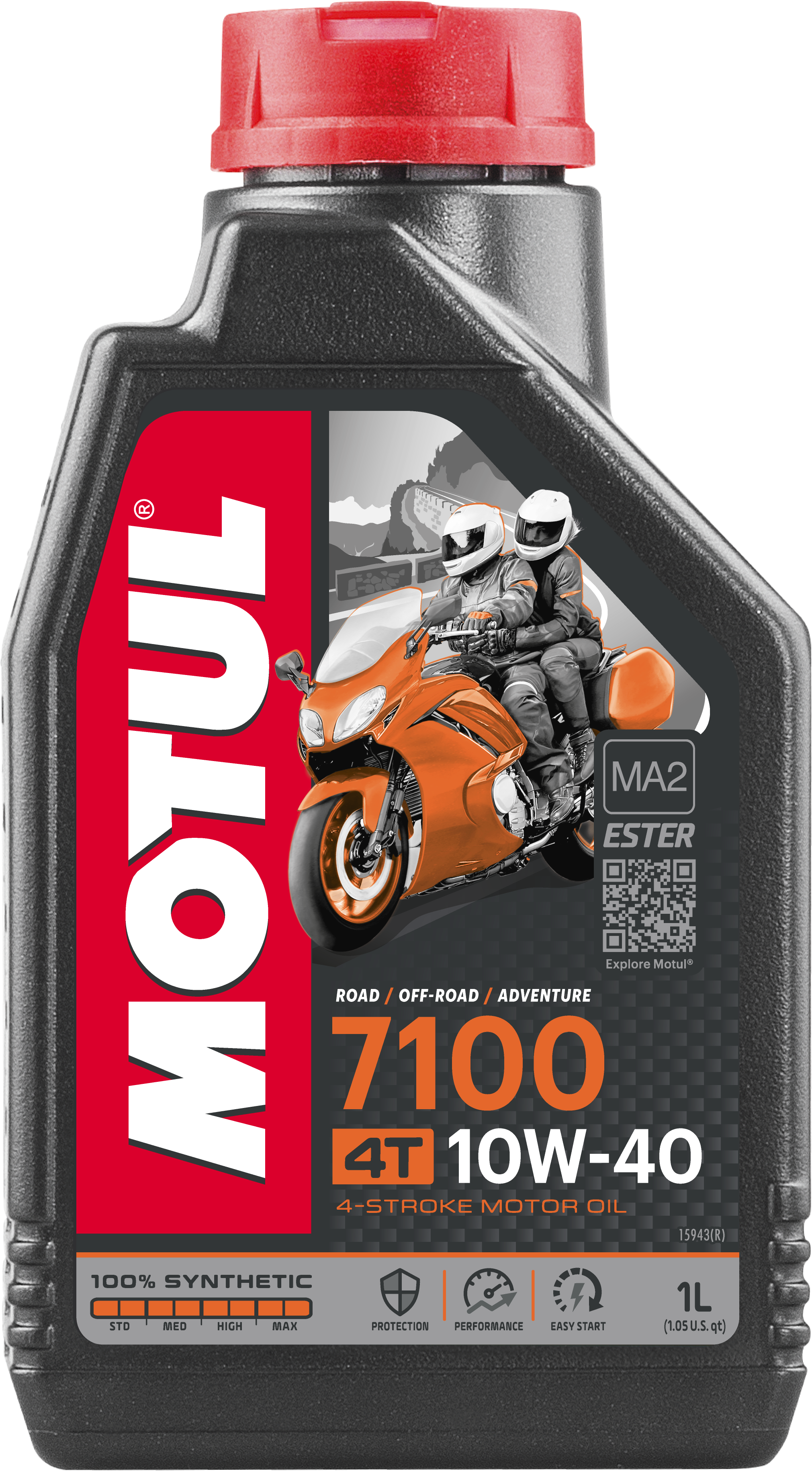 Motul 7100 Synthetic Oil 10W40 1-liter bottle, automotive engine oil, in a black container with label and cap.