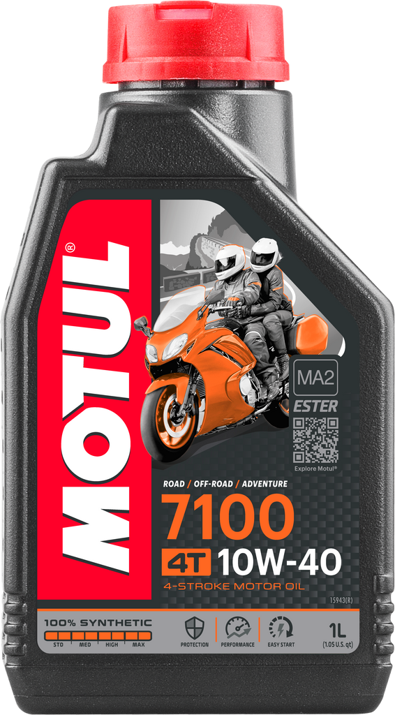 Motul 7100 Synthetic Oil 10W40 1-liter bottle, automotive engine oil, in a black container with label and cap.