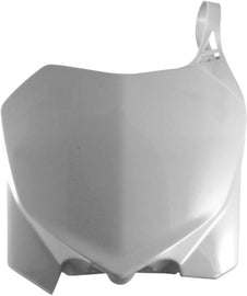 White Acerbis front number plate for motorcycle, with mounting holes and branding visible on the plastic surface.