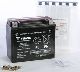 Yuasa YTX20HL-BS maintenance free motorcycle battery with terminals and case, designed for reliable power.