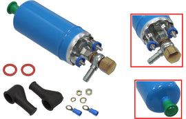 SP1 electric fuel pump for intake and carburetor systems, shown in black with metal fittings and wiring connections.
