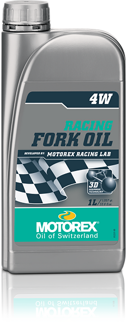 Motorex Low Friction Racing Fork Oil 4W in 1-liter container for motorcycle suspension maintenance.