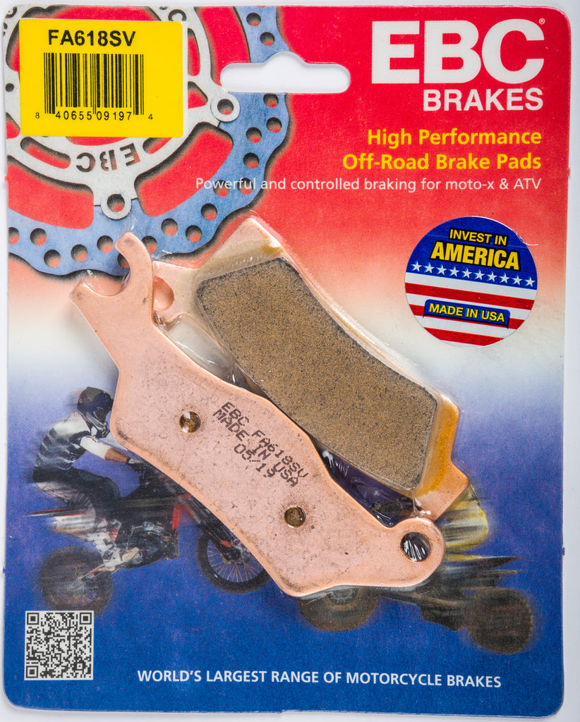 EBC Motorcycle Brakes Fa618sv Severe Duty SV Series brake pads with metal backing plates and friction material for motorcycle braking.
