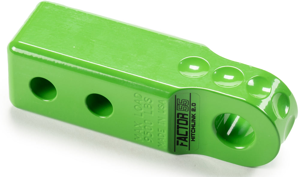 Factor 55 Hitchlink 2.0 receiver in lime green, showcasing the durable metal construction and compact design for vehicle towing.